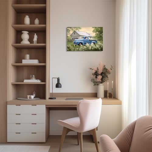 QIXIANG Farmhouse Blue Truck Canvas Wall Art for Bedroom Decor Country Old Barn and Flower Paintings Pictures for Home Decor with Framed (12.00" x 18.00", Blue) - Image 3