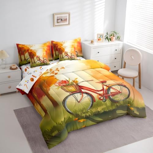 Bicycle Twin Size Comforter Set with Sheets Fall Decorations for Home 7 Pieces Bed in a Bag Twin Maple Leaves Rustic Farmhouse Autumn Decor Beddding Sets with Comforter,Flat Sheet,Pillowcases - Image 2