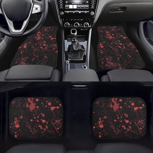 Paint Splatter Car Rubber Floor Mat, Abstract Red Splash 4PCS Front and Rear Mats, Gothic Bloodstain Non-Slip Floor Mats Heel Pad Fit for SUV Van Truck Car