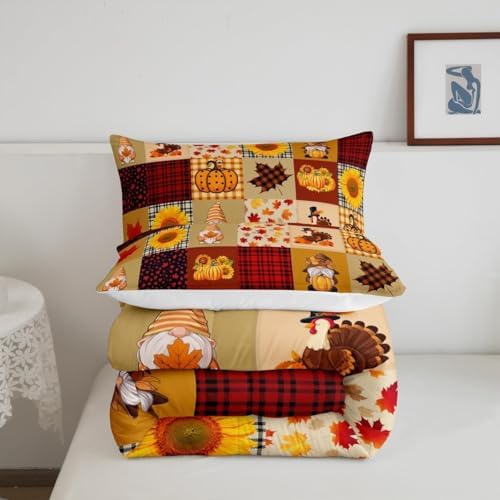 Vintage Fall Comforter Set Queen Size Pumpkin Maple Leaf Sunflower Bedding Set Kids Girls Rustic Farm Plants Quilt Set Teens Women Thanksgiving Turkey Gnome Duvet Insert 3Pcs Yellow Red Plaid - Image 6