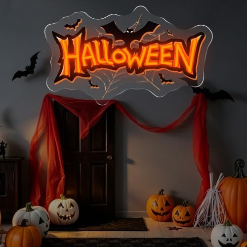 Happy Halloween Neon Sign, Bat Spider Web Halloween LED Light, 16.7"x9.8" - Image 7