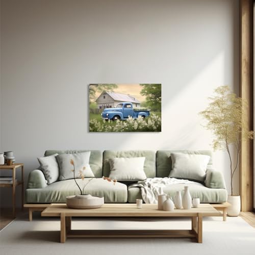 QIXIANG Farmhouse Blue Truck Canvas Wall Art for Bedroom Decor Country Old Barn and Flower Paintings Pictures for Home Decor with Framed (16.00" x 24.00", Blue) - Image 2