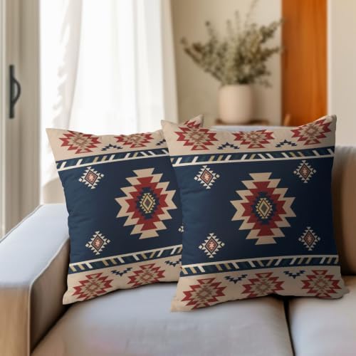 Sweetshow Blue Aztec Southwest Pillow Covers Set of 2 Linen 22x22 Inches - Image 6
