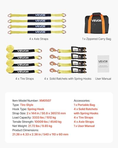 VEVOR Wheel Chock Tie-Down Kit, Tire-Style Trailer Tie Down Strap, Car Tie Down Kit with Spring Hook, Break Strength 10009 lbs & Working Load 3333 lbs Motorcycle System for ATV, SUV, Trailer