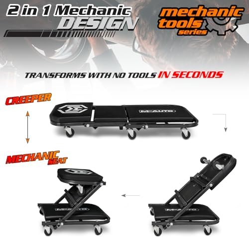 M-AUTO 40-Inch Folding Creeper Rolling Seat, All-in-One Adjustable Roller Garage Chair, Lay Down or Sit, 330LBS Capacity Under Car Roller Creeper with 6 Swivel Casters, Black - Image 4