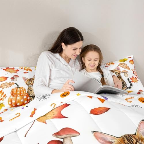 Erosebridal Pumpkin Comforter Cat Fall Decor Bedding Cartoon Cat Bedding Comforter Sets, Autumn Harvest Theme Duvet Insert Thanksgiving Gifts Down Comforter for Girls Boys Bedroom Collection, Queen - Image 6