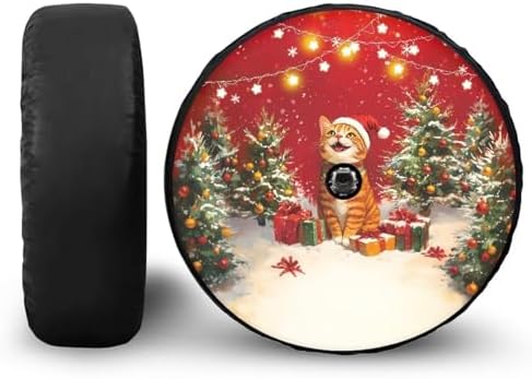 Christmas Cute Cat Print Spare Tire Cover with Camera Hole, Wheel Cover with Emoticons Fit for Truck, Trailer, RV, SUV, Camper and Most Vehicles, Accessories 16" for Tire Diameter 29.6"-31.5"