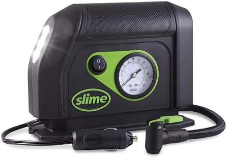 Slime 40050 Tire Inflator, Portable Car Air Compressor, with Analog 100 psi Dial Gauge, Long Hose and LED Light, 12V, 8 min Inflation by Slime