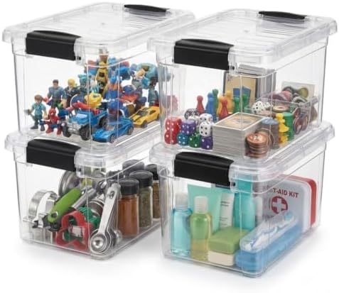 Superio 1.4 Quart Mini Clear Plastic Storage Container with Lid, Stackable Small Organizer Box for Crayons, Art Supplies, Beads, Sewing, Stationery & Food Storage, 4 Pack by Superio