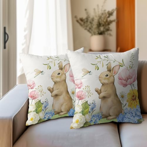 Easter Pillow Covers 20x20 Set of 2 Cute Bunny Rabbit Throw Pillow Covers Rustic Spring Pillowcase Linen Decoration Farmhouse Soft Decorative Floral Cushion Case Couch for Indoor Outdoor Home Decor - Image 3