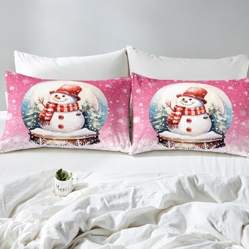 Cute Snowman Kids Duvet Cover Set Full Size,Merry Christmas Happy New Year Bedding Set,Girls Boys Adults Room Decor,Snowflake Pine Trees Xmas Comforter Cover,Pink Romantic Quilt Cover,2 Pillowcases - Image 5