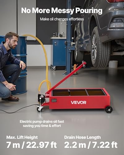 VEVOR Low Profile Oil Drain Pan, 17 Gal Capacity, Rolling Oil Drain Pan with 110V High-Flow Electric Pump, 7.2 ft Hose & T Folding Handle, Leak-Proof & Corrosion-Resistant, Fit for Trucks, ATVs, Red - Image 2