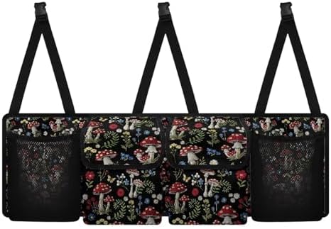 Mushroom Designs Car Trunk Organizer Hanging Car Back Seat Storage Bag with 4 Large Pockets Multipurpose Collapsible Storage Bag Automotive Interior Accessories