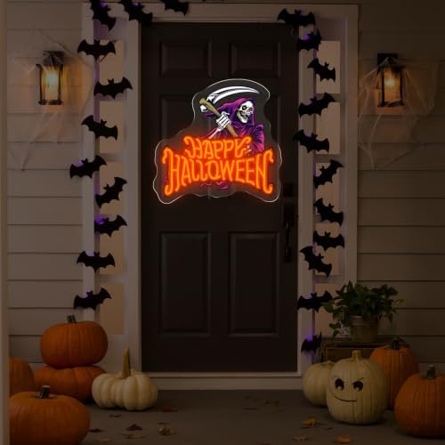 Happy Halloween Neon Sign, Skeleton With Reaping Hook LED Light, 13.4"x13" - Image 6