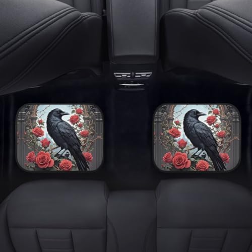 Black Raven Print Car Rubber Floor Mat 4PCS Rose Flower Forest Bird Pattern Front and Rear Mats Non-Slip Floor Mats Heel Pad Fit for SUV Van Truck Car