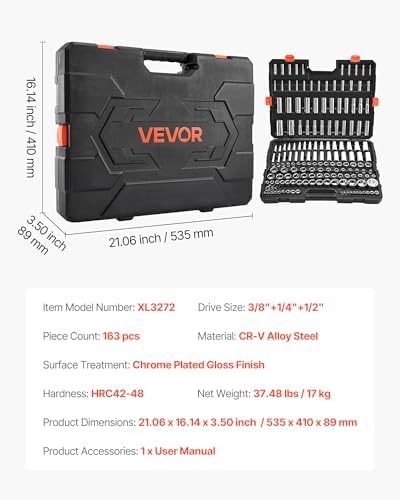 VEVOR Socket Set, 163 Pieces, 3/8 & 1/4 & 1/2 inch Drive Socket Tool Set, SAE and Metric, Deep and Standard, Mechanic Tool Kit with Storage Case, Chrome Plated CR-V Alloy Steel, for Automotive Repair - Image 7