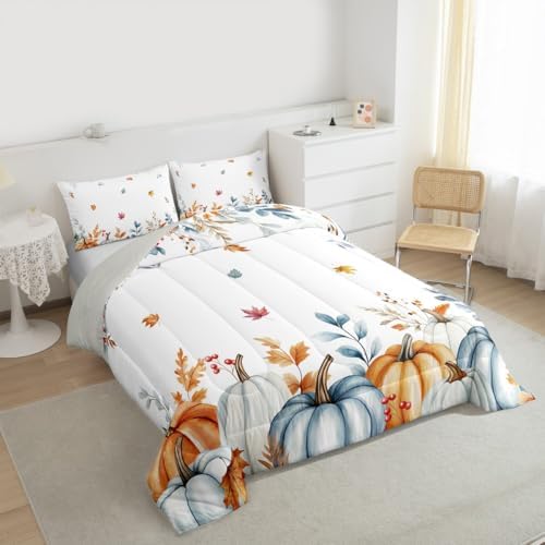 Erosebridal Fall Pumpkin Bedding Queen,Autumn Maple Leaves Comforter Set Watercolor Pumpkins Eucalyptus Bed Sets Harvest Thanksgiving Farmhouse Duvet Insert 3 Pieces - Image 4