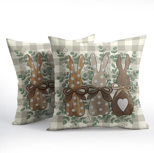 Easter Pillow Covers 22x22 Set of 2 Spring Throw Pillow Covers Rustic Bunny Buffalo Plaid Pillowcase Linen Decoration Farmhouse Soft Decorative Grey Cushion Case Couch for Indoor Outdoor Home Decor - Image 2
