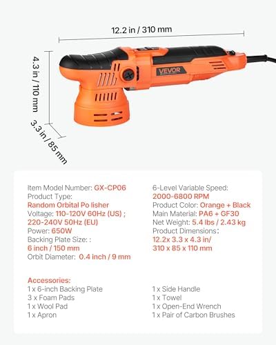 VEVOR Car Buffer Polisher, 6-Inch Dual Action Polisher Buffer Waxer, 650W 6 Variable Speeds 2000-6800RPM Random Orbital Polisher Kit for Cars Detailing, Waxing, Polishing - Image 7