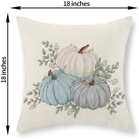 Fall Pillow Covers 18x18 Set of 2 Watercolor Blue White Pumpkin Pillow Cases Autumn Harvest Outdoor Fall Decoration Throw Pillows Linen Thanksgiving Cushion Case for Couch Sofa Home Decor - Image 2