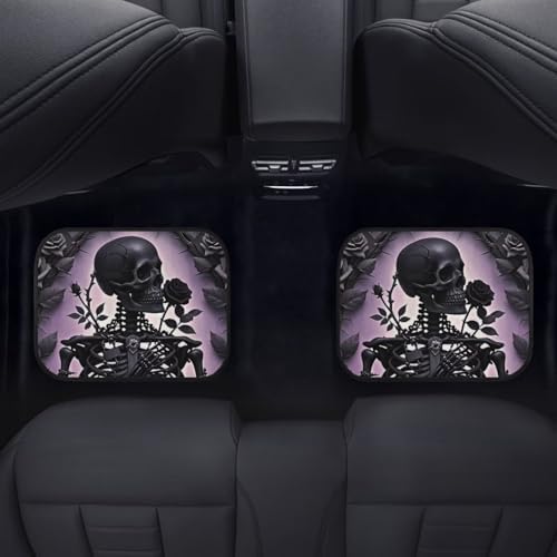 Skeleton Carpet Vehicle Floor Mats Gothic Skeleton Rose Print 4Piece Fit Floor Mat Interior Horrible Halloween Black Skull Flower Accessories Anti-Slip Mats for 1st Row