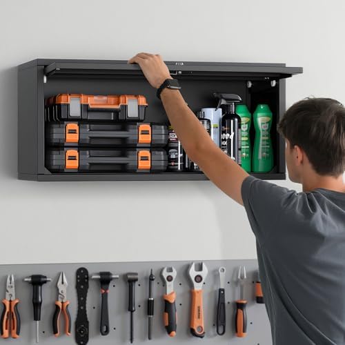 VEVOR Metal Wall Cabinet, 30.31W x 12.01D x 14.02H Inch, Floating Garage Tool Cabinet with Up-Flip Door, 120 lbs Load per Shelf, Fit for Garage, Basement, Kitchen, Warehouse, Assembly Required - Image 2