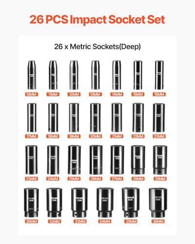 VEVOR Impact Socket Set, 26pcs x 1/2inch Metric 10mm-36mm Impact Sockets, 6-Point Deep Socket Rugged Construction High-torque, Cr-V 1/2 Inches Drive Socket Set Impact with a Storage Cage - Image 2