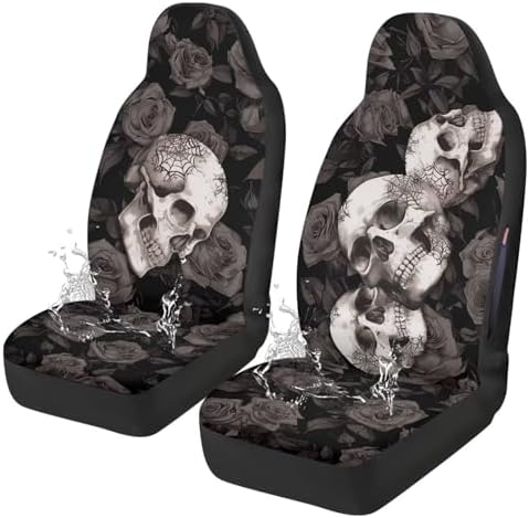 Bulopur Skull Rose Car Seat Covers Washable Waterproof Front Seats Only Auto Drive Seat Covers 2 Pack Anti-Slip Automotive Cushion Protectors Airbag Compatible for Most Cars Sedans Truck Van