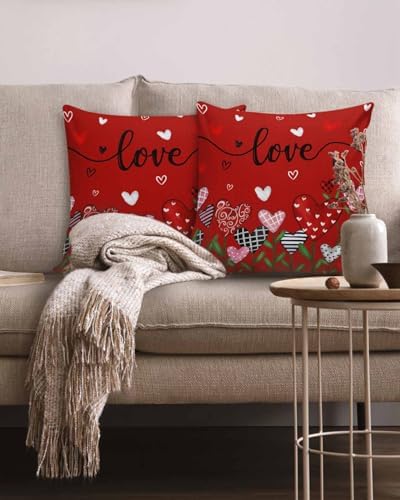 Valentines Day Heart Floral Pillow Covers 18x18 Inch Set of 2, Love Flower Field Decorations Outdoor Throw Pillow Covers, Holiday Linen Square Pillowcases for Sofa Couch Bedroom Patio Decorative - Image 2