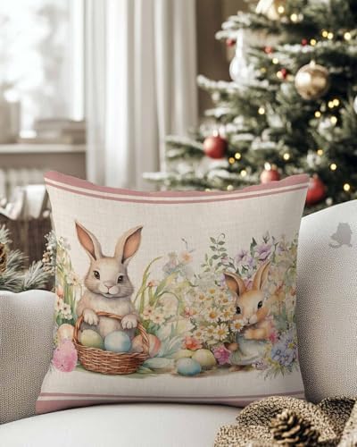 JasmineM Happy Easter Bunny Pillow Covers 16x16 inch Set of 2, Spring Florals Colorful Eggs Decorations Outdoor Throw Pillow Covers, Cotton Linen Square Pillowcases for Sofa Couch Bedroom Decorative - Image 3