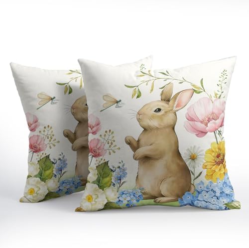 Easter Pillow Covers 20x20 Set of 2 Cute Bunny Rabbit Throw Pillow Covers Rustic Spring Pillowcase Linen Decoration Farmhouse Soft Decorative Floral Cushion Case Couch for Indoor Outdoor Home Decor - Image 2