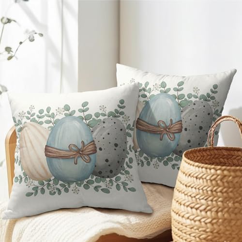 Easter Pillow Covers 18x18 Set of 2 Spring Throw Pillow Covers Rustic Cute Eggs Pillowcase Linen Decoration Farmhouse Soft Decorative Blue Cushion Case Couch for Indoor Outdoor Home Decor - Image 7