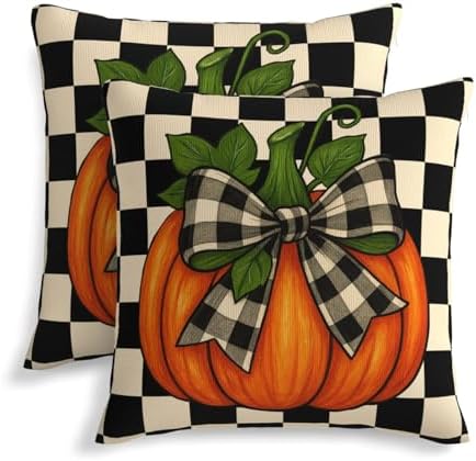 KiuLoam Fall Pillow Covers 18x18 Inch Set of 2 Thanksgiving Harvest Orange Pumpkin Black Buffalo Plaid Print Decorative Throw Pillow Cases Vintage Rustic Farmhouse Style Cushion Covers for Sofa Couch by KiuLoam