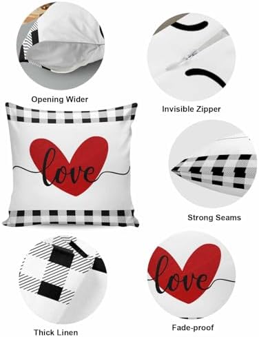 Red Valentine's Day Love Heart Pillow Covers 12x20 Inch Set of 2, Buffalo Plaid Decorations Outdoor Throw Pillow Covers, Holiday Linen Square Pillowcases for Sofa Couch Bedroom Patio Decorative - Image 5