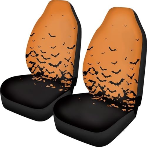 Orange Black Bat Halloween Print Car Seat Cover Colorful Cute Print Front Seat Covers 2 pcs, Vehicle Seat Protector Car Mat Covers, Fit Most Vehicle, Cars, Sedan, Truck, SUV, Van