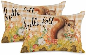 Fall Pillow Covers 12x20 Inch Set of 2, Thanksgiving Decorations Squirrel Sunflower Outdoor Throw Pillow Covers, Plaid Leaf Autumn Holiday Square Pillowcases for Patio Sofa Couch Bedroom Decorative by JasmineM