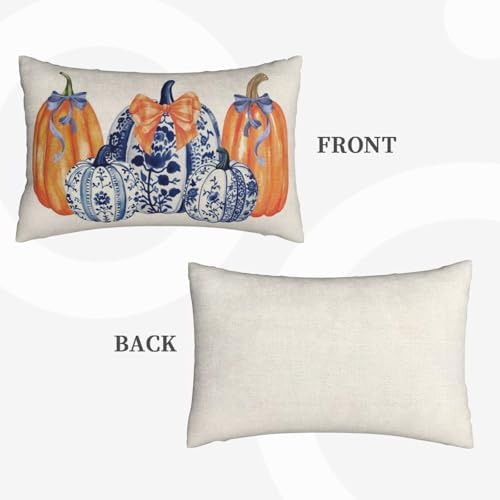 Fall Pillow Covers 12x20 Set of 2 Chinoiserie Blue and Orange Pumpkin Throw Pillows Grandmillennial Autumn Thanksgiving Decoration Pillow Cases Outdoor Fall Decor Cushion Case for Sofa Home - Image 6