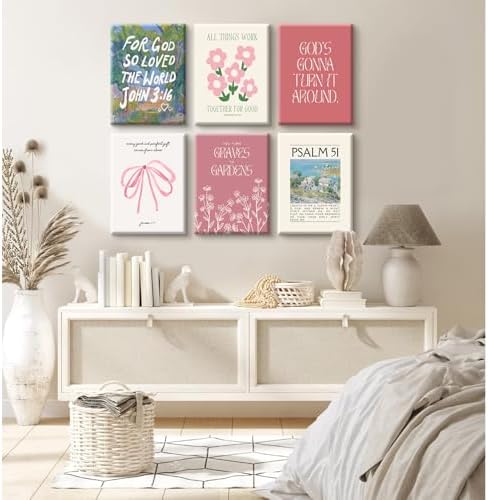 Christian Wall Art Coquette Aesthetic Decor Poster Pink Bow Canvas Wall Art Bible Verse Scripture Poster Religious Floral Prints Picture Christian Artwork for Living Room Bedroom 12x16x6 Ready to Hang - Image 3