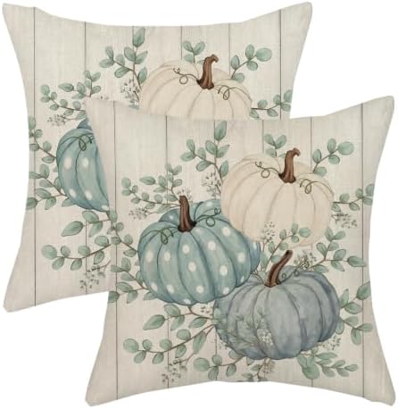 Fall Pillow Covers 18x18 Set of 2 Teal Blue Pumpkin Pillow Cases White Polka Outdoor Autumn Harvest Decoration Wood Plank Throw Pillows Linen Thanksgiving Cushion Case for Couch Sofa Home Decor by Gohdiwh