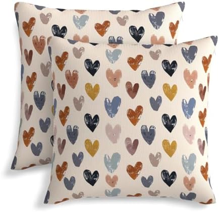 KiuLoam Boho Pillow Covers 20x20 Inch Set of 2 Rustic Blue Yellow Orange Love Heart Print Decorative Throw Pillows Outdoor Vintage Valentine Themed Cushion Cases for Sofa Couch Bed Decor by KiuLoam