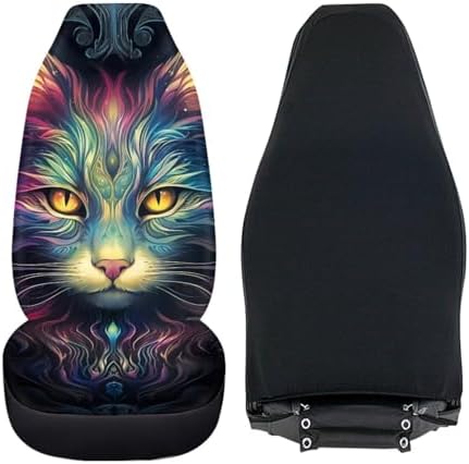 Colorful Cat Print 2pcs Car Seat Covers Vehicle Front Seat Protector Auto Interior Accessories Protetors Car Mat Covers Universal Fit Most Car SUV Van Truck