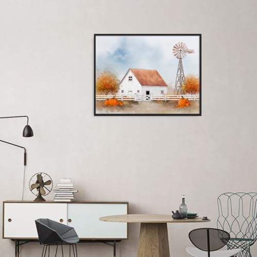 White Barn with Pumpkins Wall Art – Autumn Farmhouse Landscape Poster,Rustic Fall Windmill Canvas Print for Entryway or Thanksgiving Dining Room Decor 16x20in Black aluminum frame - Image 6