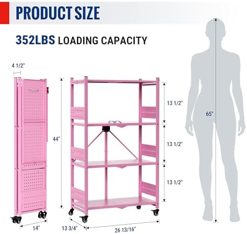 WORKPRO 4-Tier Folding Shelf, No-Assembly Metal Storage Rack with Wheels, 600 lbs Capacity (with Leveling Feet), Collapsible Shelving Unit for Kitchen, Pantry, Closet & Craft Shows - Pink - Image 3