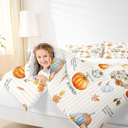 Homewish Fall Theme Pumpkin Comforter Set Full Size Maple Leaves Bedding Set Vintage Yellow White Stripes Quilt Set for Kids Girls Boys Women Bedroom Decor Rustic Farmhouse Plants Duvet Insert 3Pcs - Image 3