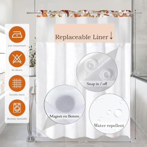 No Hook Shower Curtain with Snap in Liner, Hotel Style Watercolor Fall Autumn Pumpkins with Gold Branches Thanksgiving Shower Curtain Waterpoof Washable with See Through Top Window,71"x71" - Image 4