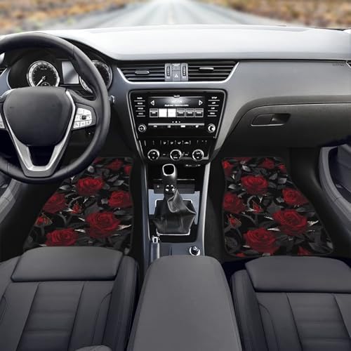 Garden Car Accessories Floor Mats 4PCS, Red Rose Rubber Front and Rear Mats Non-Slip Floor Mats, Vintage Thron Floral All Season Heel Pad Fit for SUV Van
