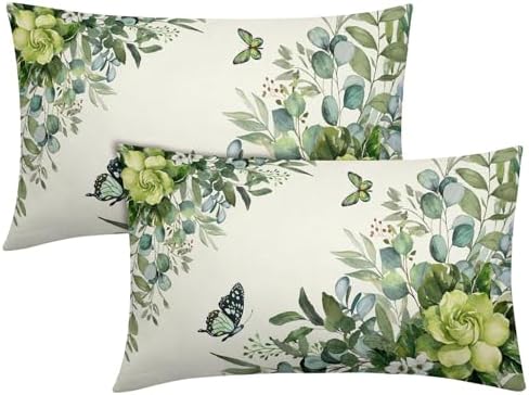 Spring Pillow Covers 12x20 Set of 2 Green Floral Throw Pillow Covers Rustic Pillowcase Linen Decoration Farmhouse Soft Decorative Summer Cushion Case Couch for Indoor Outdoor Home Decor by Unknown