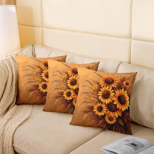 Manfei Sunflower Pack of 2 Pillow Covers,Rustic Farmhouse Flowers Wheat Soft Square 18"x18" Cushion Case,Autumn Harvest Retro Yellow Brown Throw Pillow Covers,Double Sides - Image 4