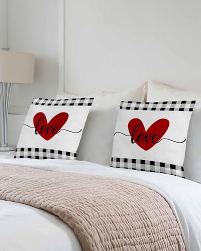 Red Valentine's Day Love Heart Pillow Covers 16x16 Inch Set of 2, Buffalo Plaid Decorations Outdoor Throw Pillow Covers, Holiday Linen Square Pillowcases for Sofa Couch Bedroom Patio Decorative - Image 3