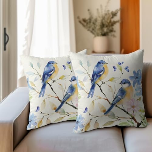 Spring Pillow Covers 20x20 Set of 2 Floral Throw Pillow Covers Rustic Blue Bird Pillowcase Linen Decoration Farmhouse Soft Decorative Summer Cushion Case Couch for Indoor Outdoor Home Decor - Image 3